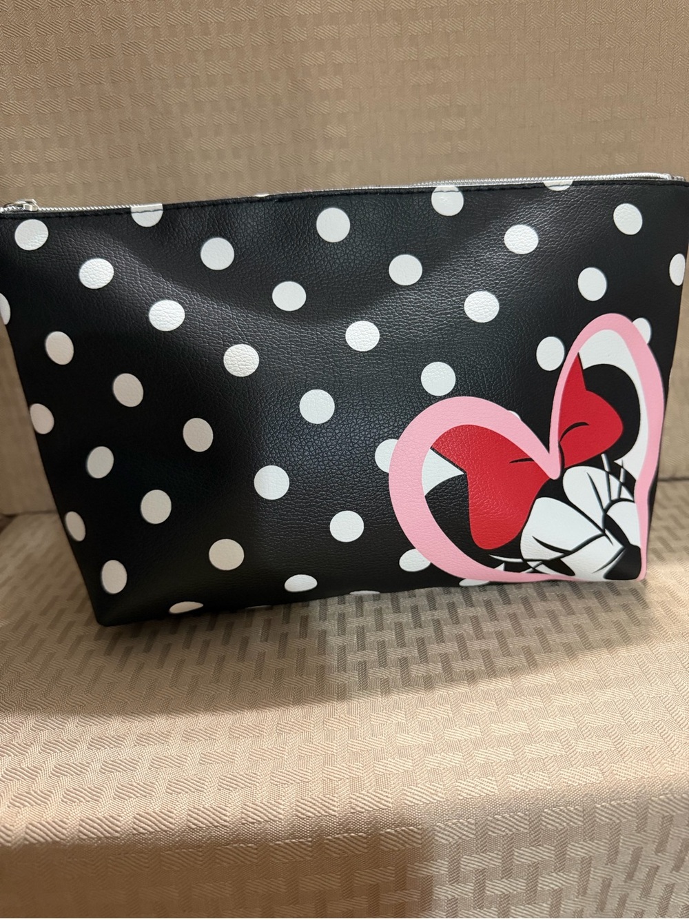 Minnie Mouse Black Polka Dot Cosmetic Pouch with Pink Heart Accent
